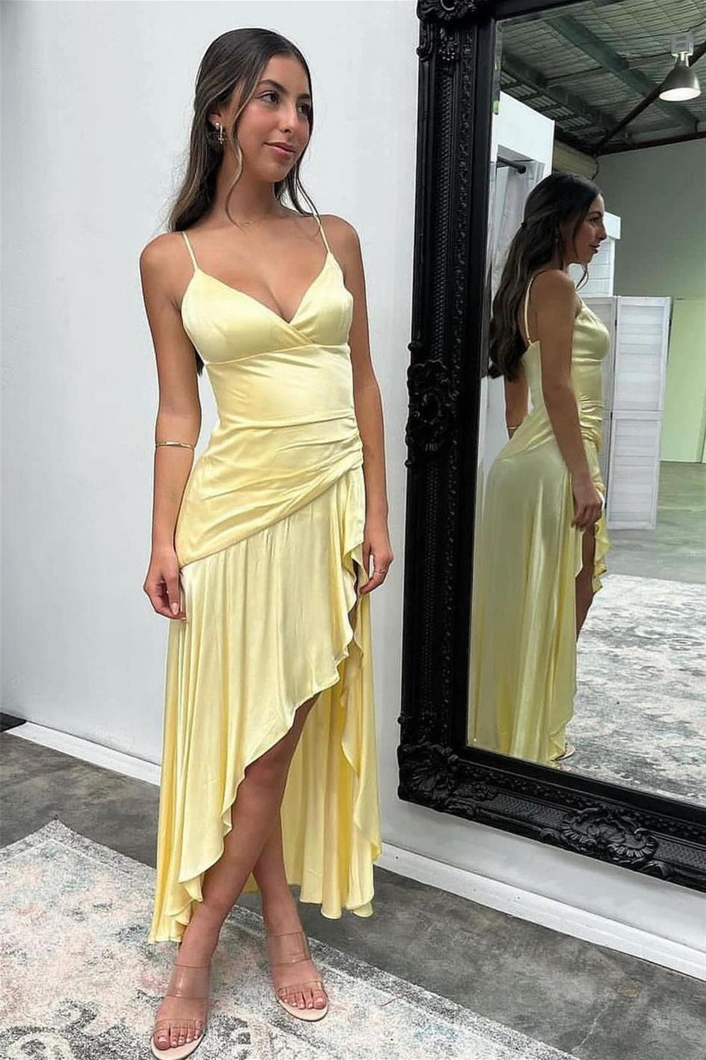 V-neck Yellow Irregular Hem Long Dress with Slit