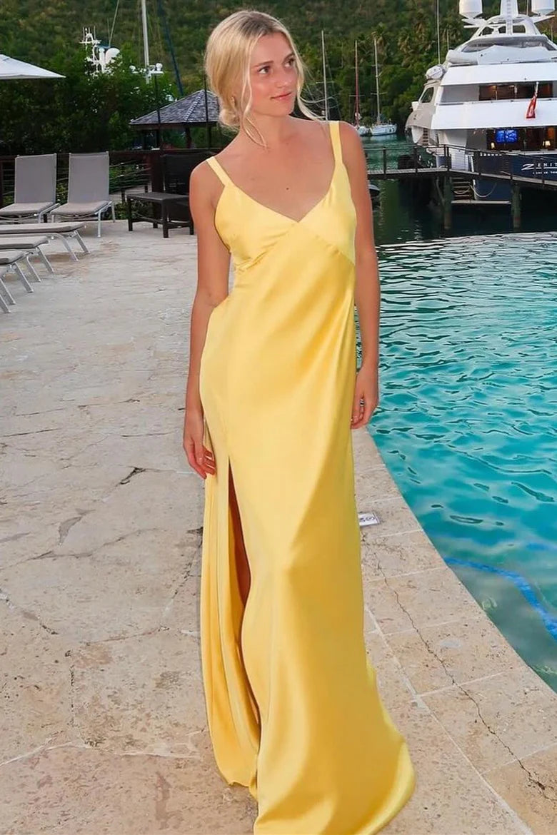 V-neck Yellow Open Back Long Dress with Slit