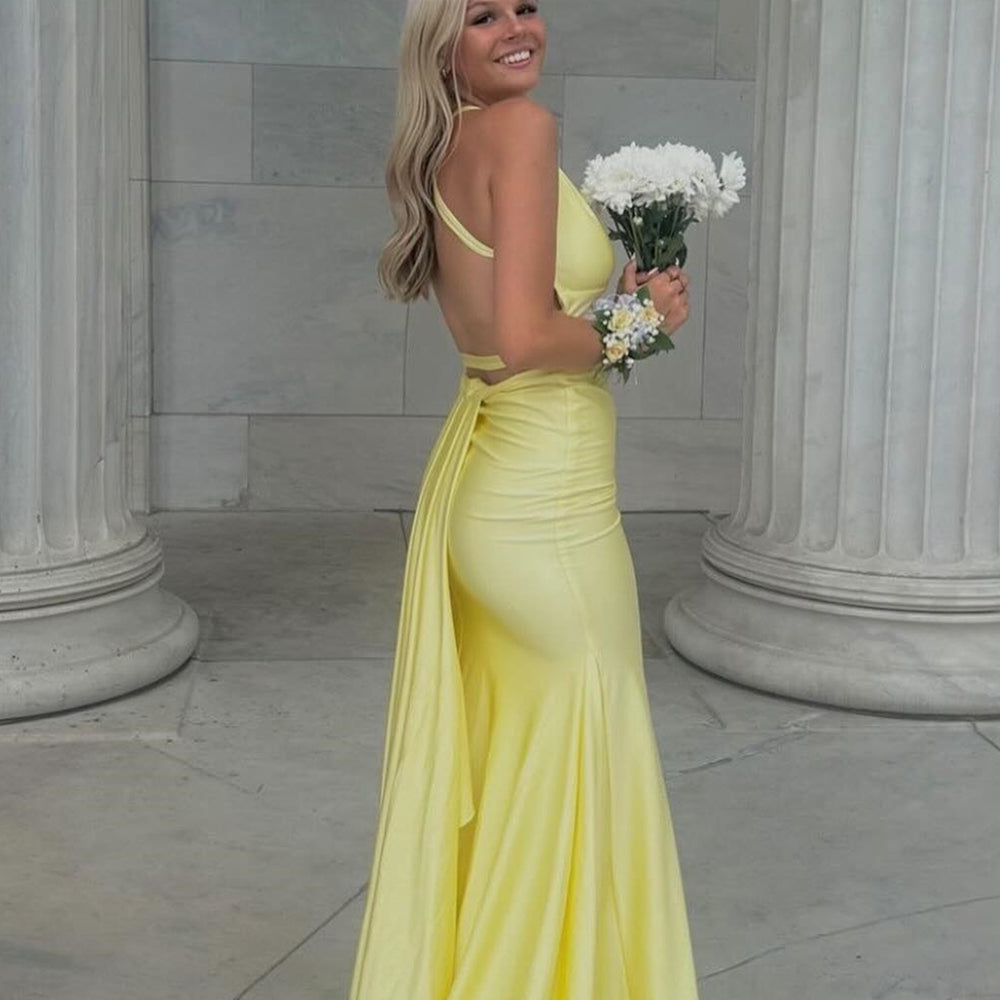 yellow open back prom dresses Yellow Mermaid Open Back Satin Prom Dress with Split