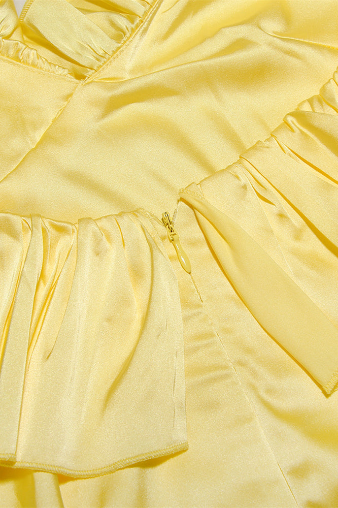 
                      
                        V-neck Yellow Ruffled Hem Short Dress
                      
                    