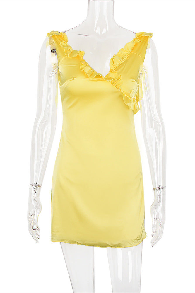 V-neck Yellow Ruffled Hem Short Dress