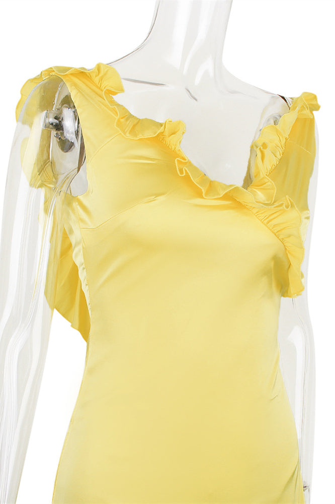 
                      
                        V-neck Yellow Ruffled Hem Short Dress
                      
                    