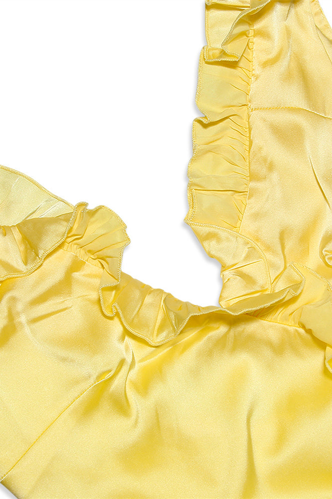
                      
                        V-neck Yellow Ruffled Hem Short Dress
                      
                    