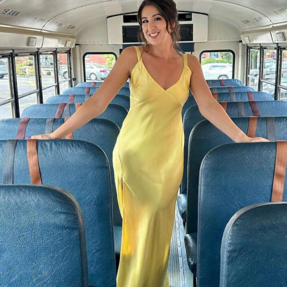 
                      
                        V-neck Yellow Satin Long Dress with Slit
                      
                    