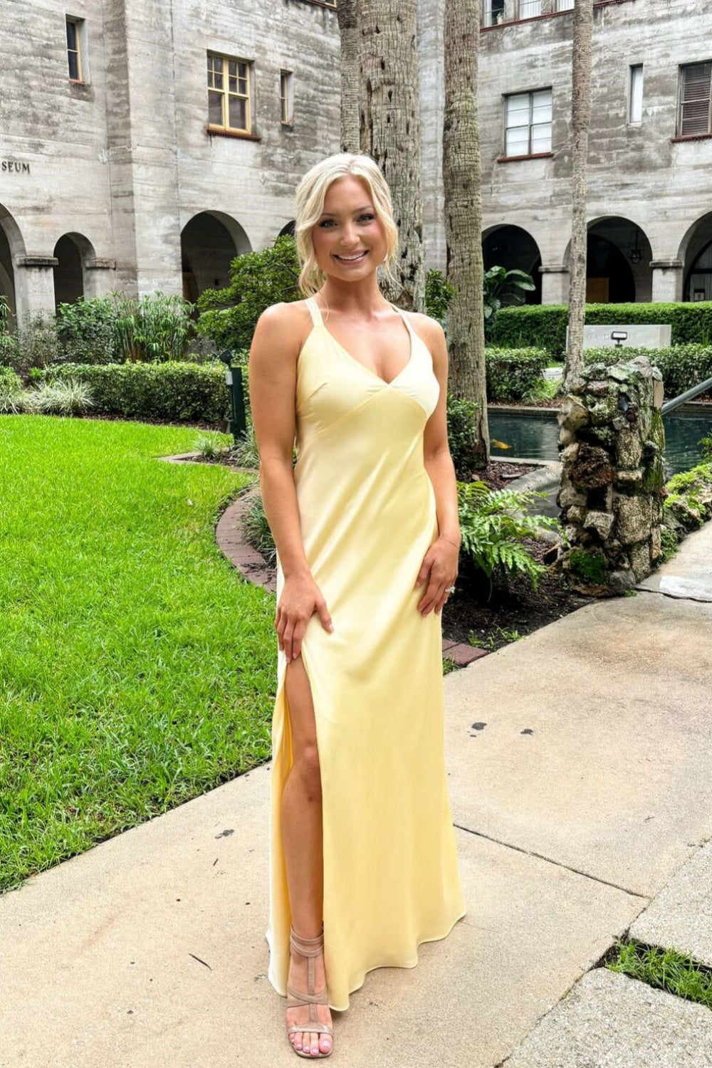 V-neck Yellow Satin Long Dress with Slit