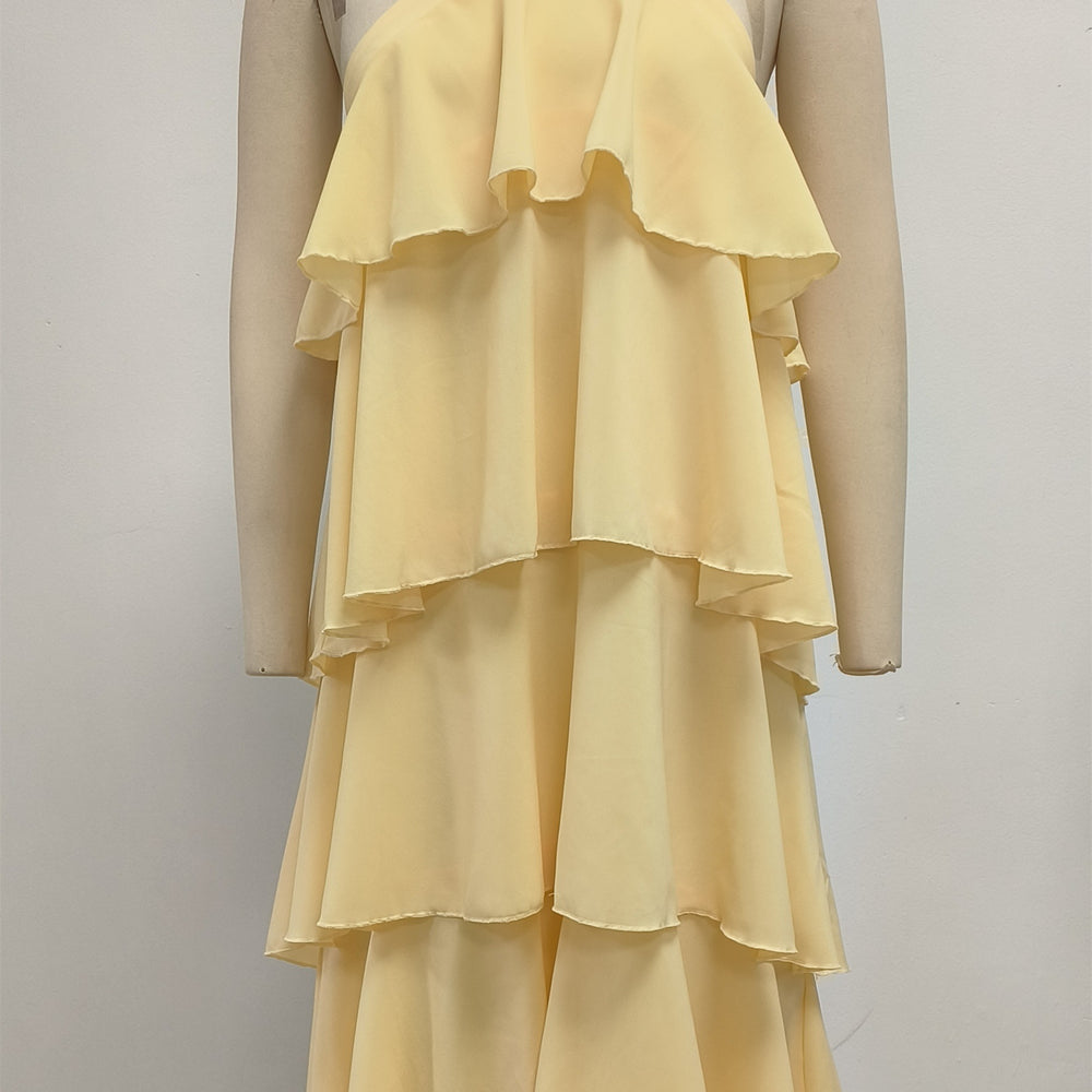 
                      
                        V-neck Yellow Tiered A-line Long Dress with Rosette
                      
                    