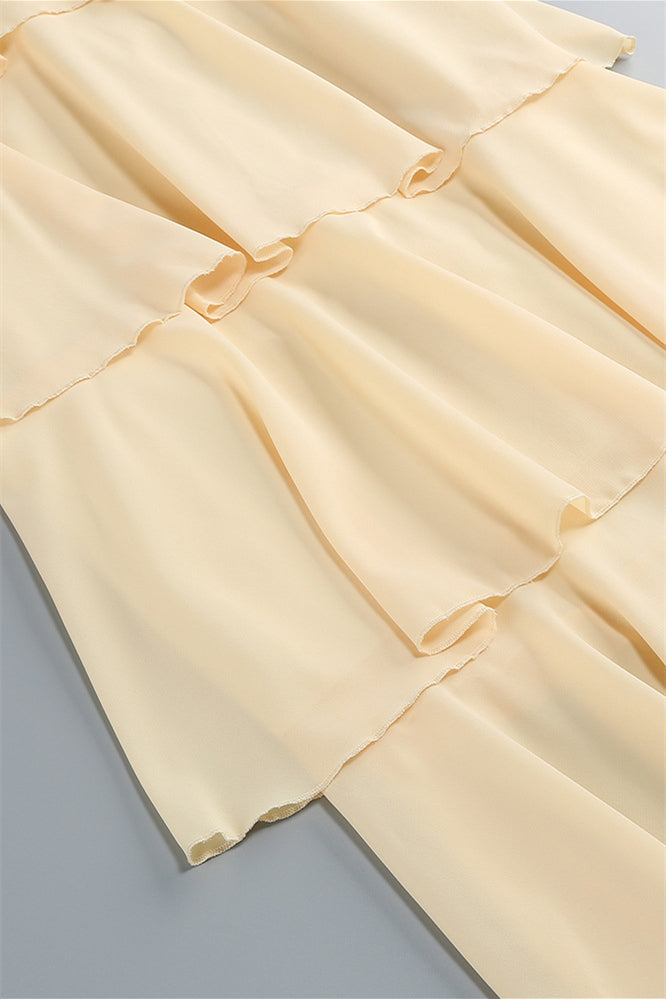 
                      
                        V-neck Yellow Tiered A-line Long Dress with Rosette
                      
                    