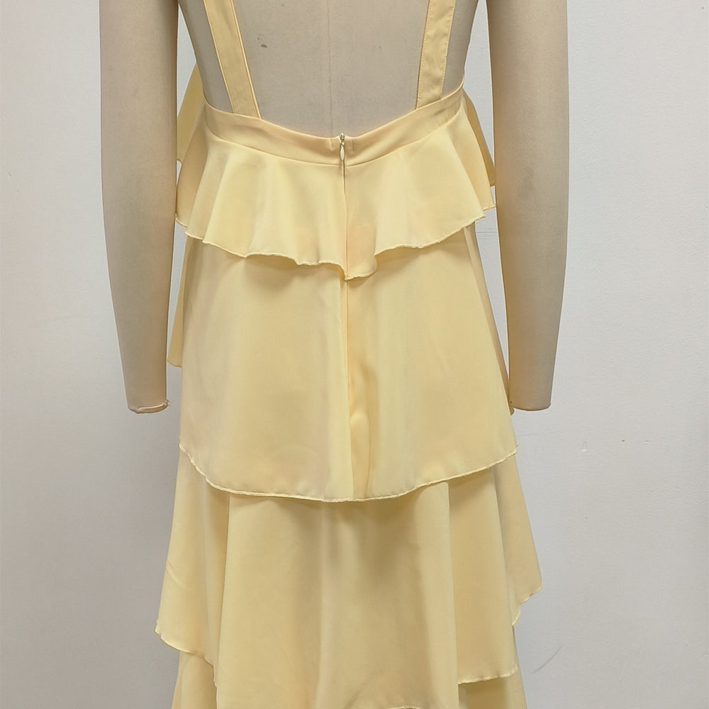 
                      
                        V-neck Yellow Tiered A-line Long Dress with Rosette
                      
                    