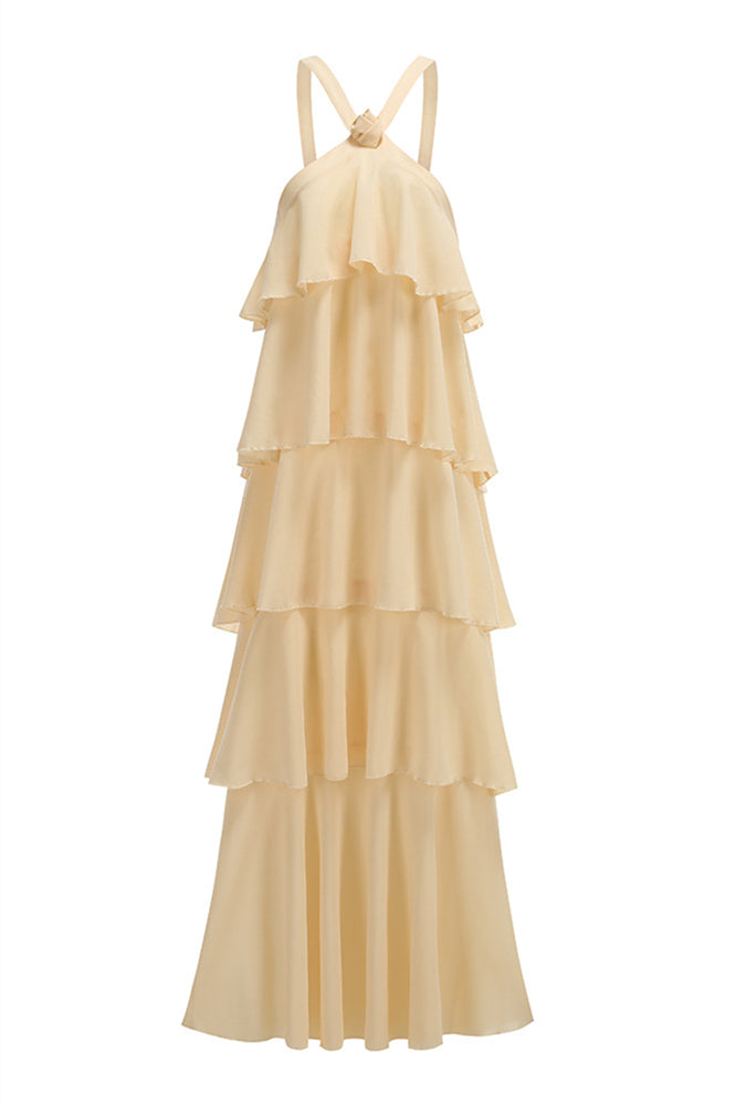 V-neck Yellow Tiered A-line Long Dress with Rosette