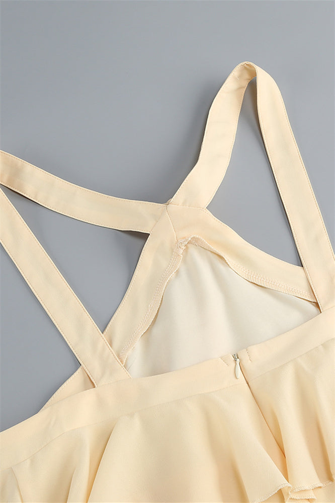 
                      
                        V-neck Yellow Tiered A-line Long Dress with Rosette
                      
                    