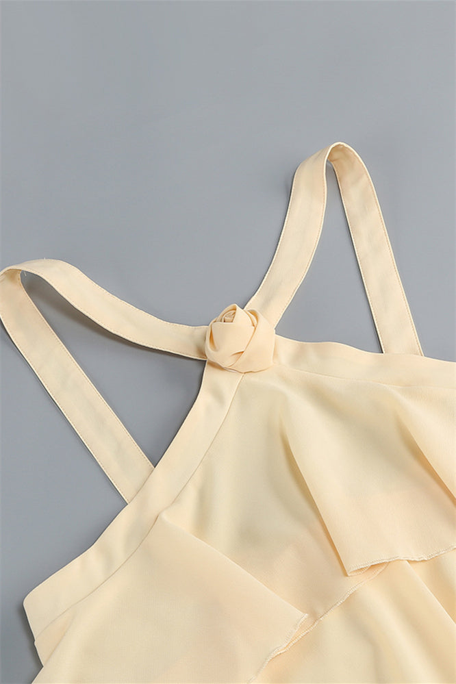 
                      
                        V-neck Yellow Tiered A-line Long Dress with Rosette
                      
                    