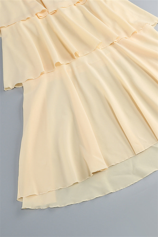 
                      
                        V-neck Yellow Tiered A-line Long Dress with Rosette
                      
                    
