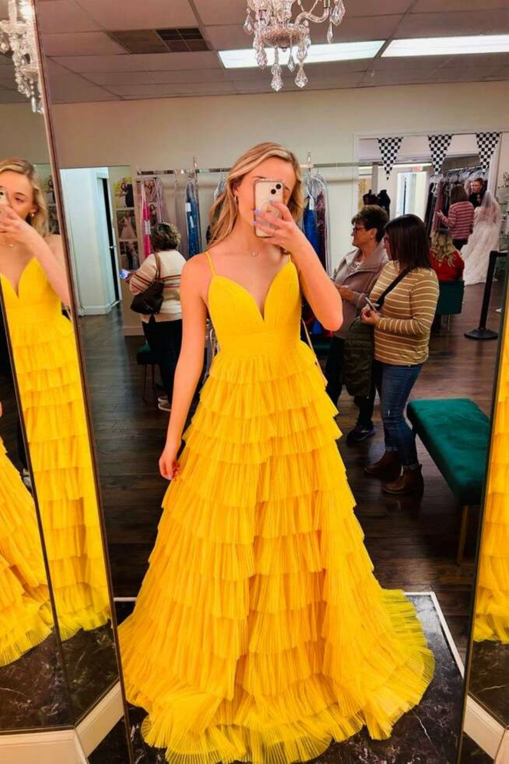 V-neck Yellow Tiered A-line Tulle Long Dress