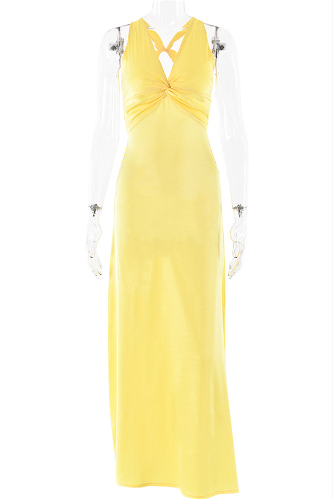 V-neck Yellow Twist Back Bow Long Dress