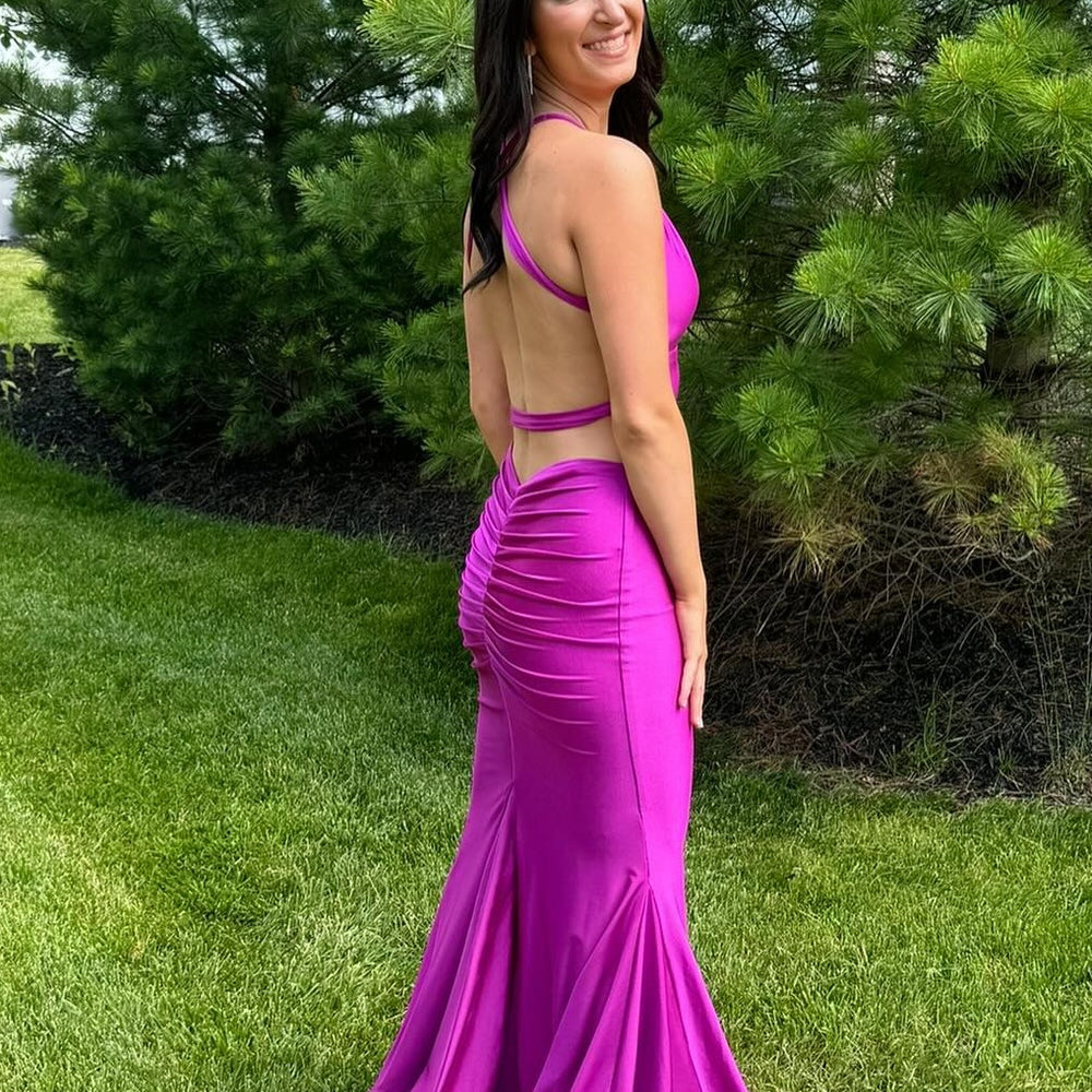 
                      
                        V-neck Aqua Open Back Ruched Mermaid Long Dress
                      
                    