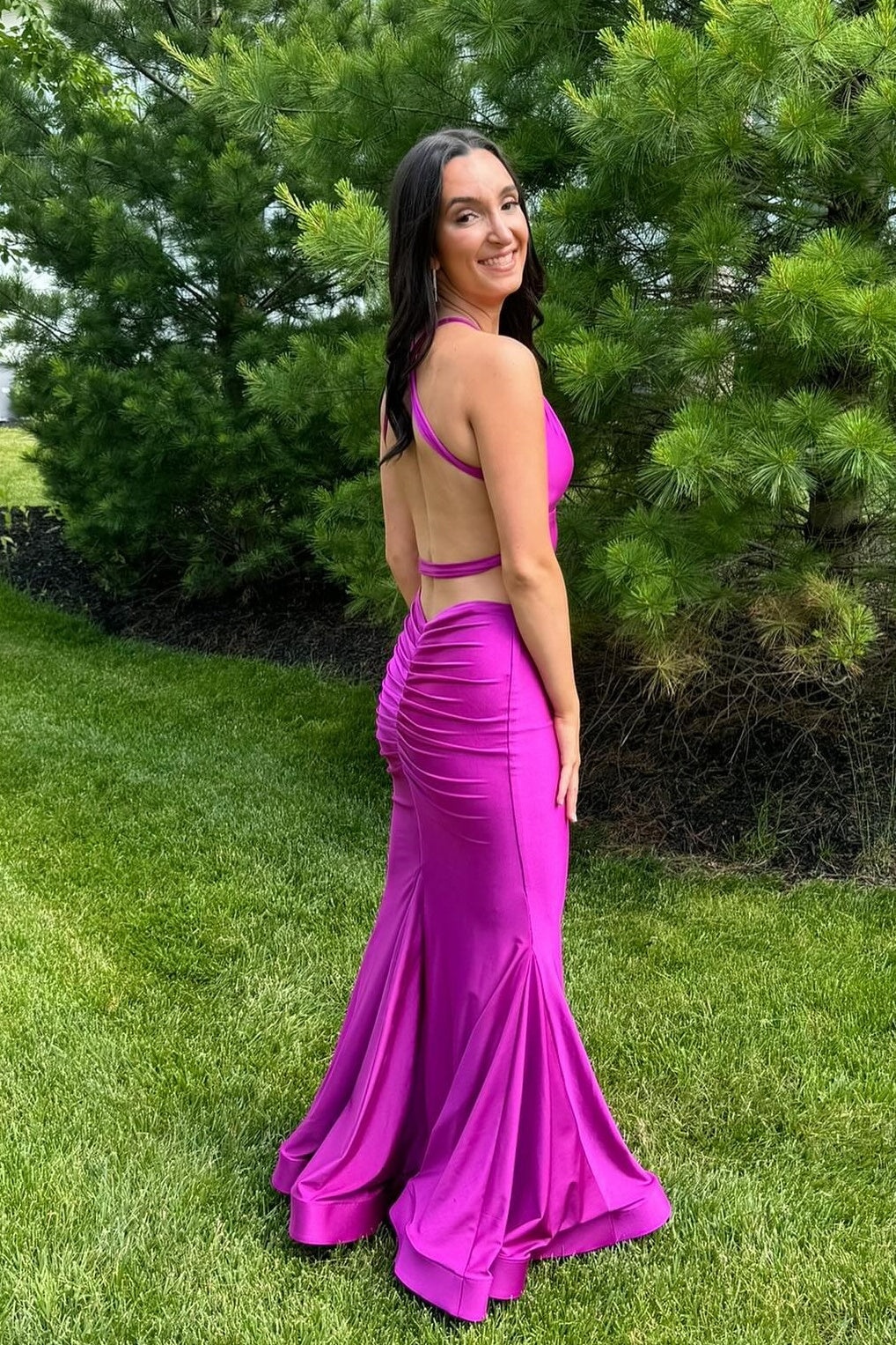 V-neck Aqua Open Back Ruched Mermaid Long Dress