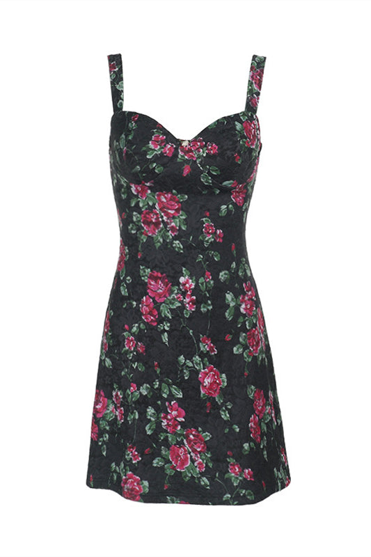 V-neck Black Floral Print Lace Short Dress