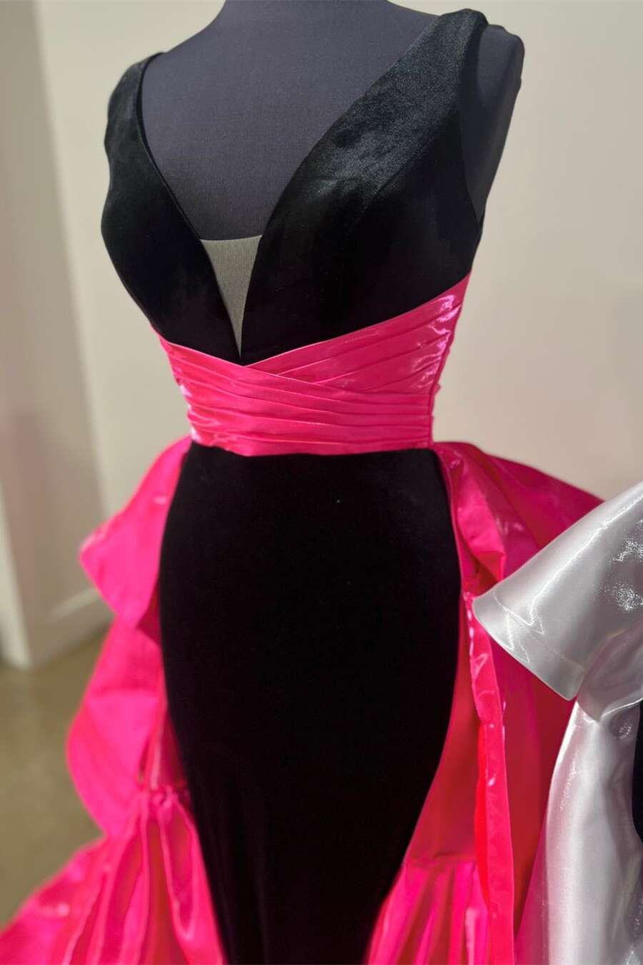 V-neck Black and Hot Pink Ruffle Tiered Long Dress PollyBoutique V-neck Black and Hot Pink Ruffle Tiered Long Dress PollyBoutique
