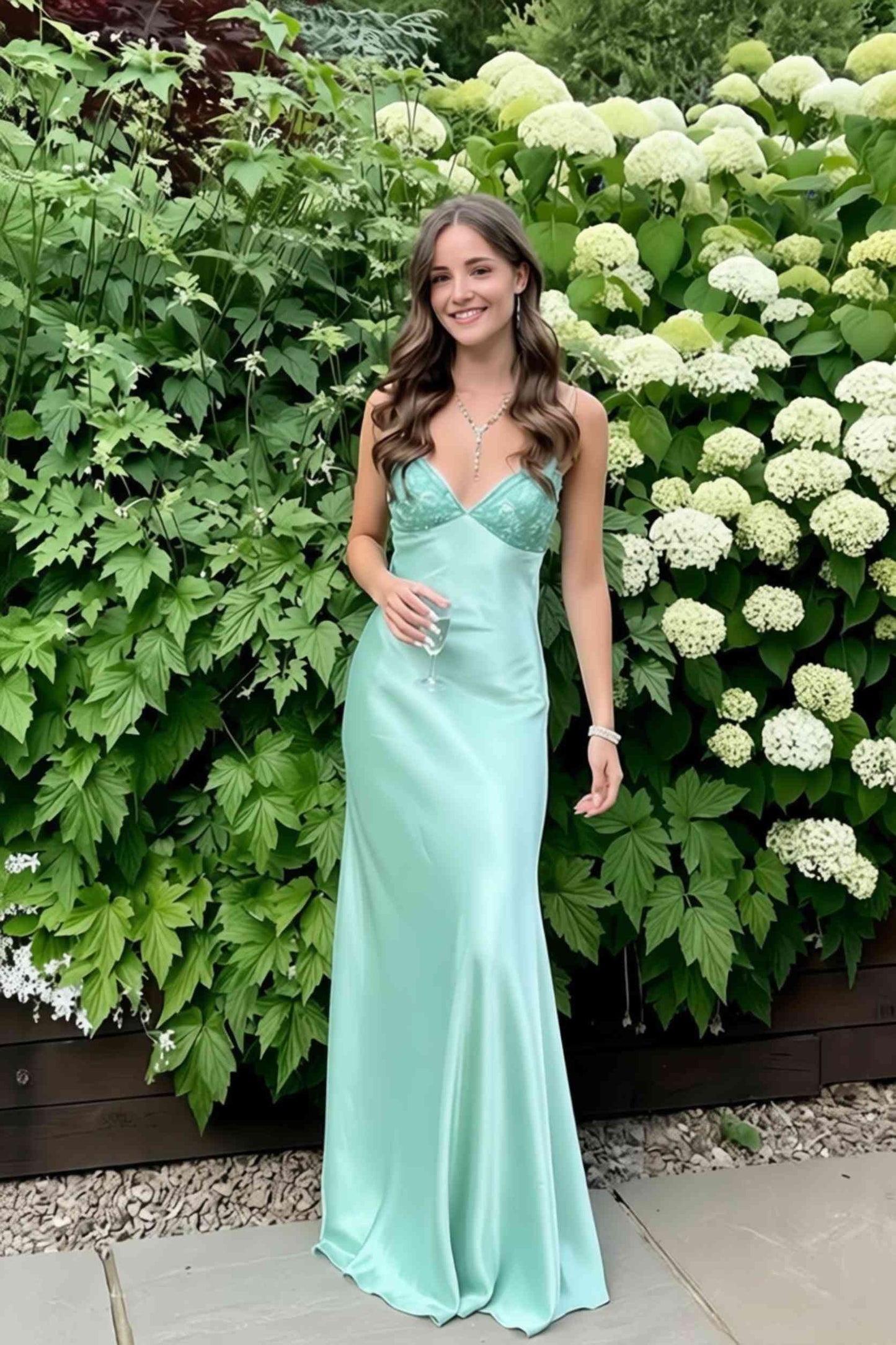 V-neck Blue Beaded Back Tie A-line Long Dress