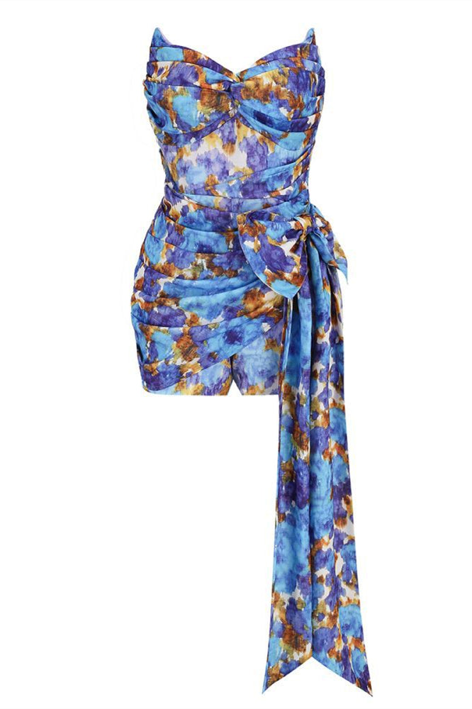 V-neck Blue Floral Print Romper with Streamer