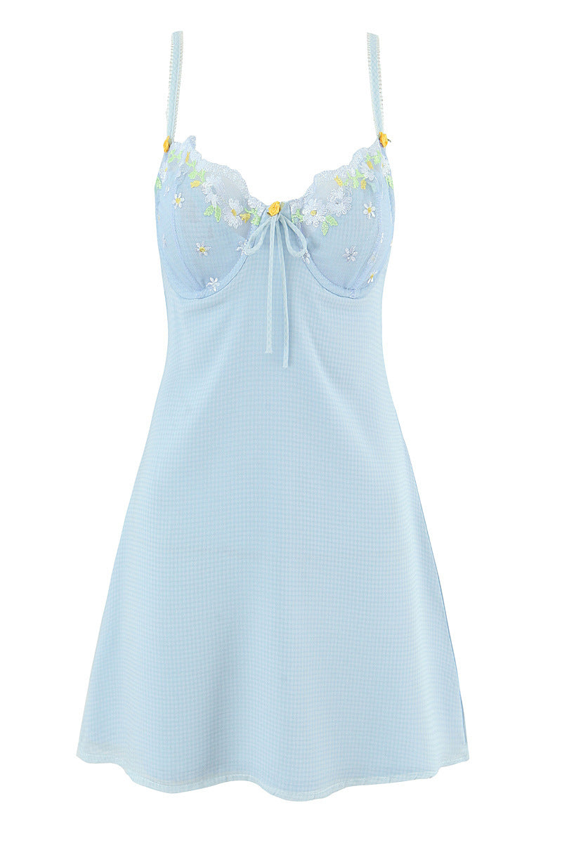 V-neck Blue Flower Embroidery A-line Short Dress