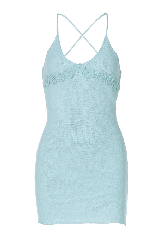 
                      
                        V-neck Blue Knitting Short Dress with Rosettes
                      
                    