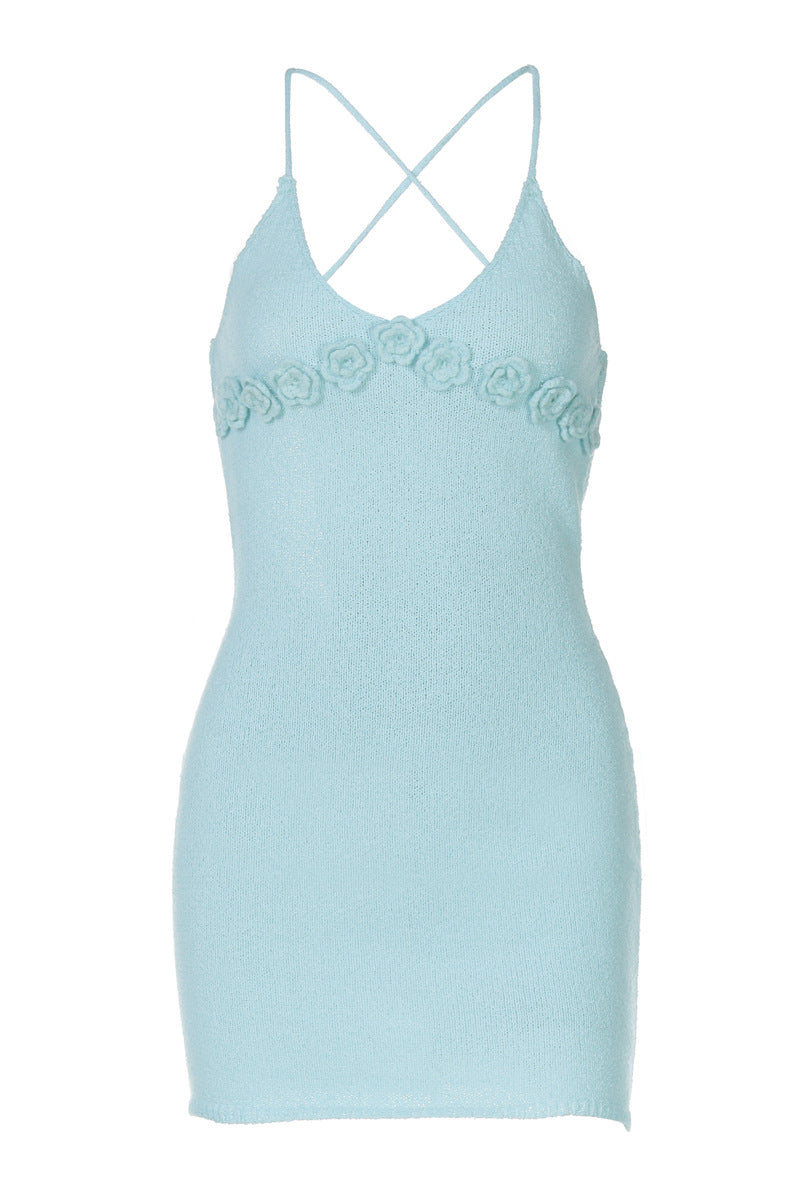 V-neck Blue Knitting Short Dress with Rosettes