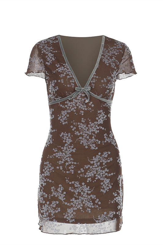 V-neck Brown Floral Print Short Dress with Bow