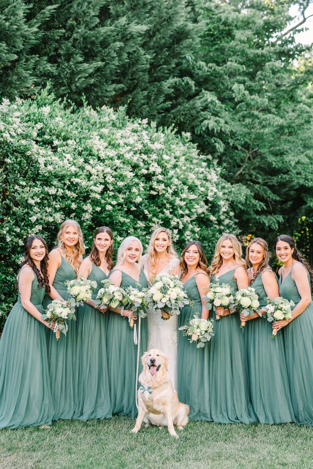 V-neck Dark Green A-line Tulle Bridesmaid Dress