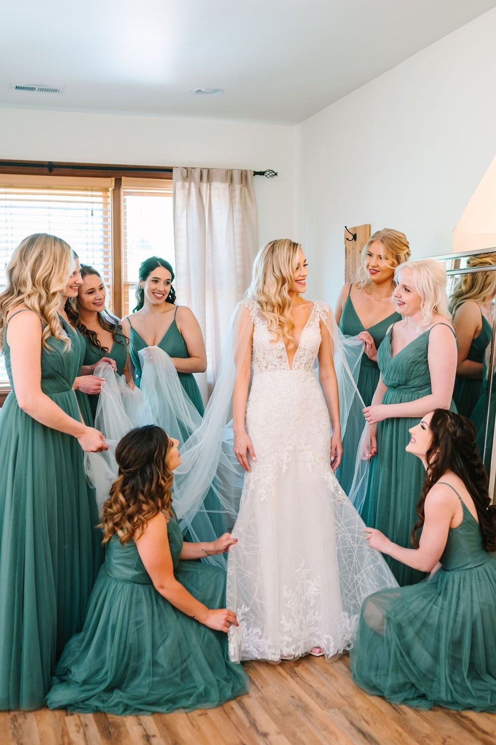 V-neck Dark Green A-line Tulle Bridesmaid Dress