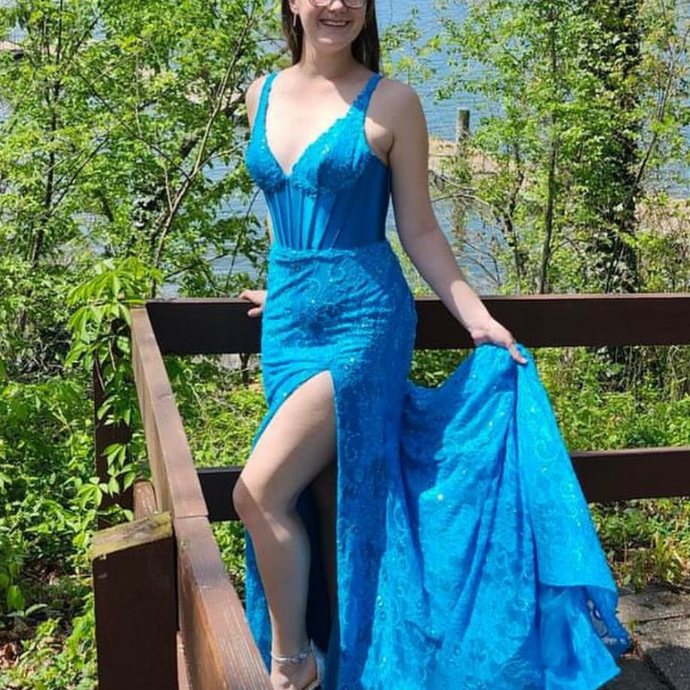 
                      
                        V-neck Fuchsia Lace Mermaid Long Dress with Slit
                      
                    