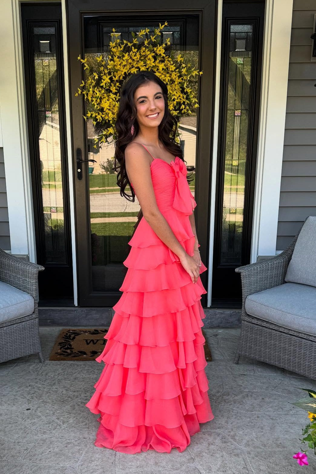 V-neck Green Pleated Tiered Long Dress with Bow