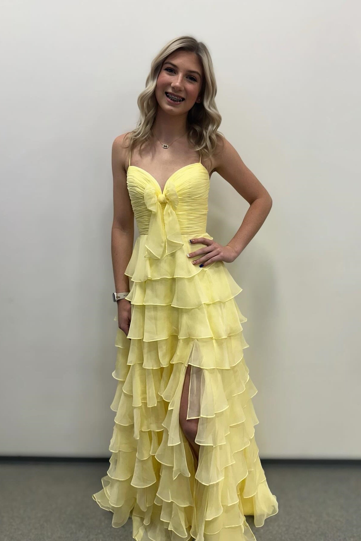 V-neck Green Pleated Tiered Long Dress with Bow