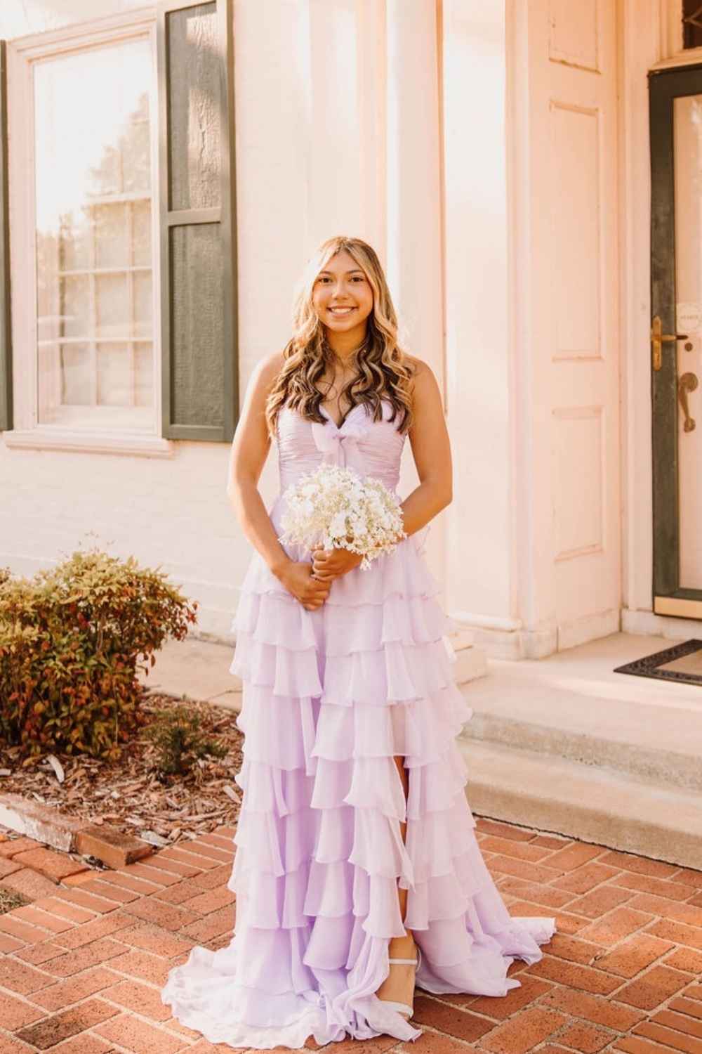 V-neck Green Pleated Tiered Long Dress with Bow