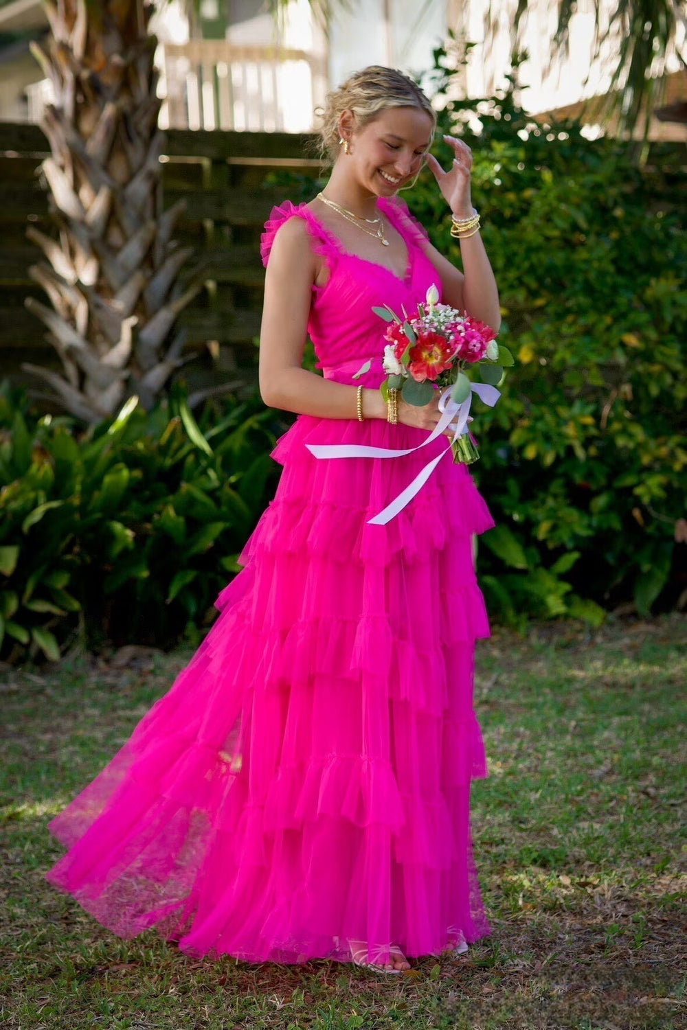 V-neck Hot Pink Ruffle Tiered A-line Long Dress