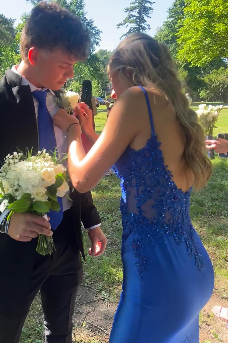 V-neck Ice Blue Appliques Mermaid Long Dress