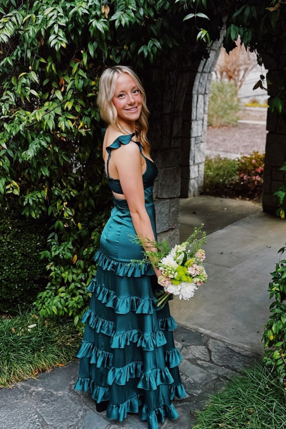 V-neck Ice Blue Ruffle Long Dress with Slit