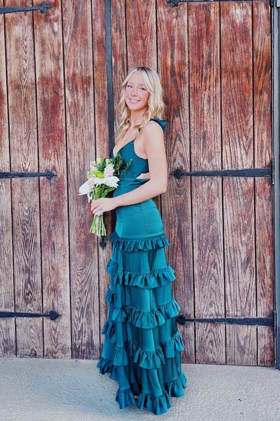 V-neck Ice Blue Ruffle Long Dress with Slit