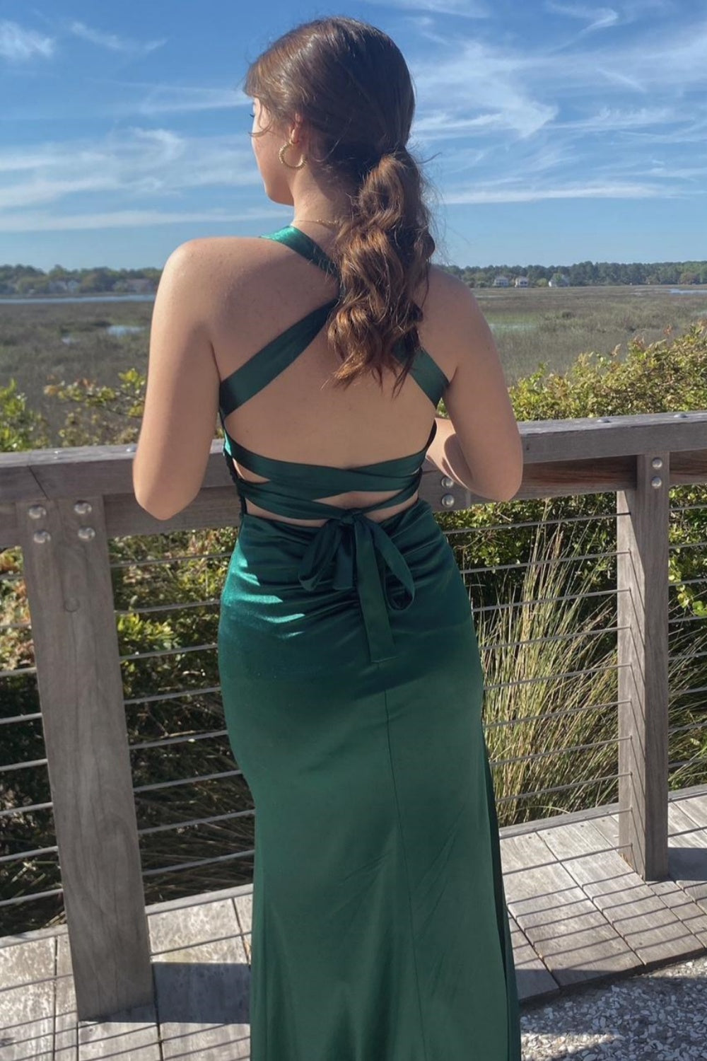 Long Chiffon Dress with V Neck X Cross Open Back Blue Plus Size
