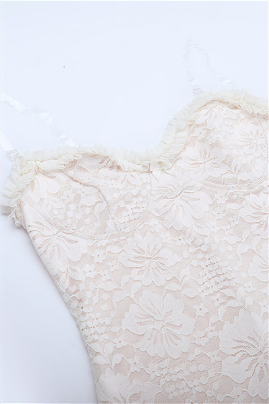 V-neck Ivory Floral Lace Sheath Long Dress