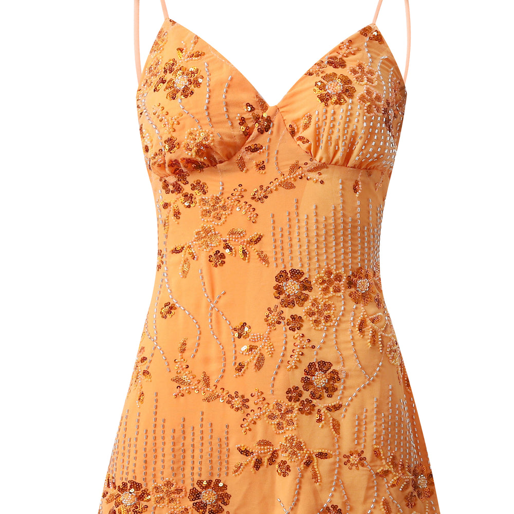 
                      
                        V-neck Orange Beaded Bodycon Short Dress
                      
                    
