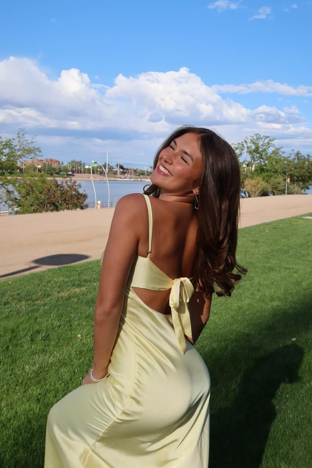 V-neck Pink Gather Bust Long Dress with Keyhole