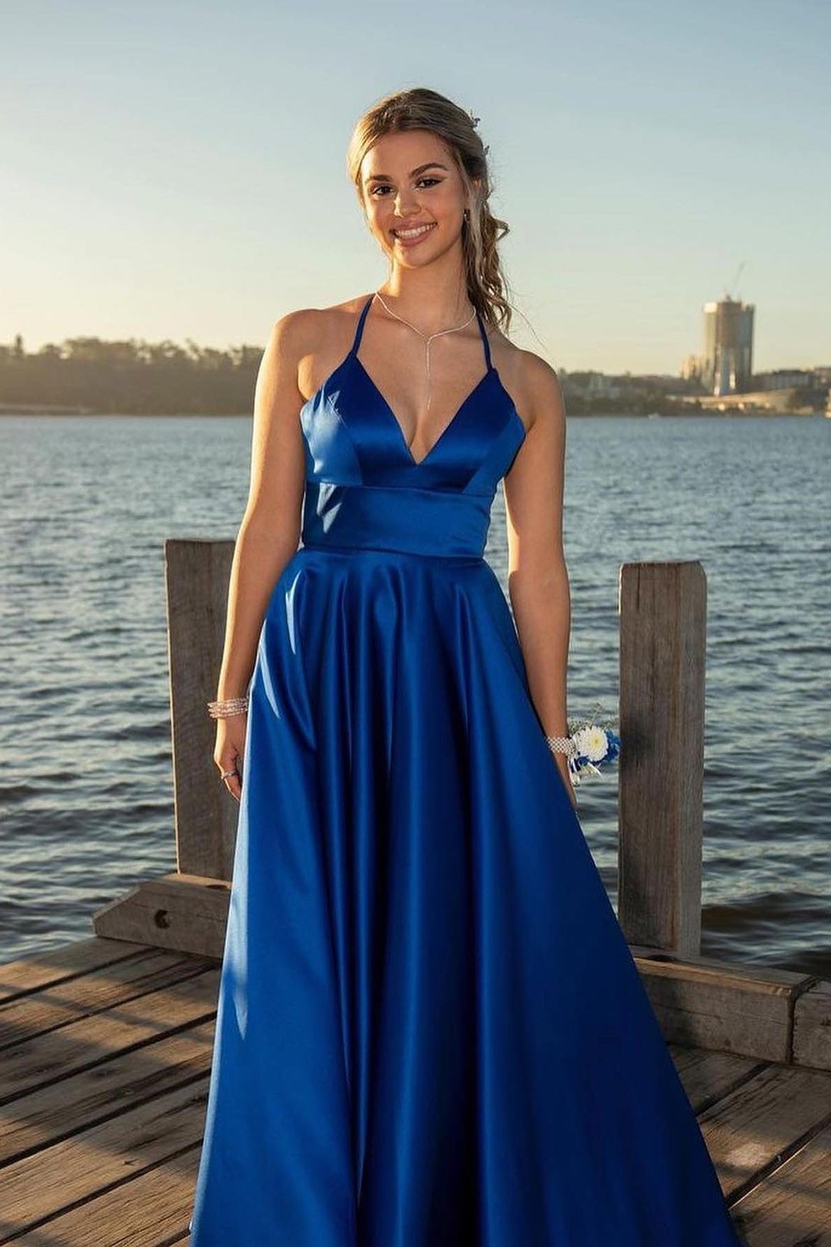 V-neck Pink High Waist A-line Long Dress