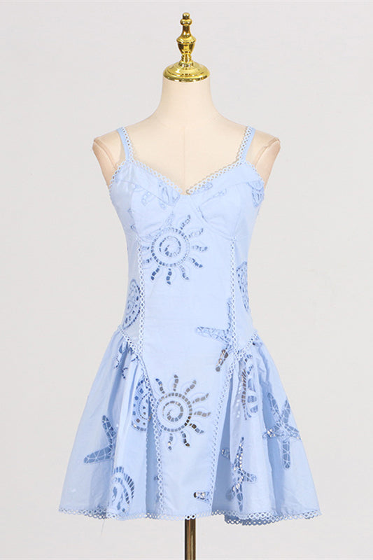 V-neck Pink Hollow A-line Short Dress