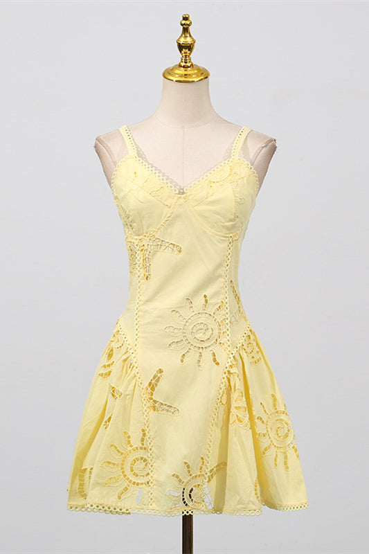 V-neck Pink Hollow A-line Short Dress