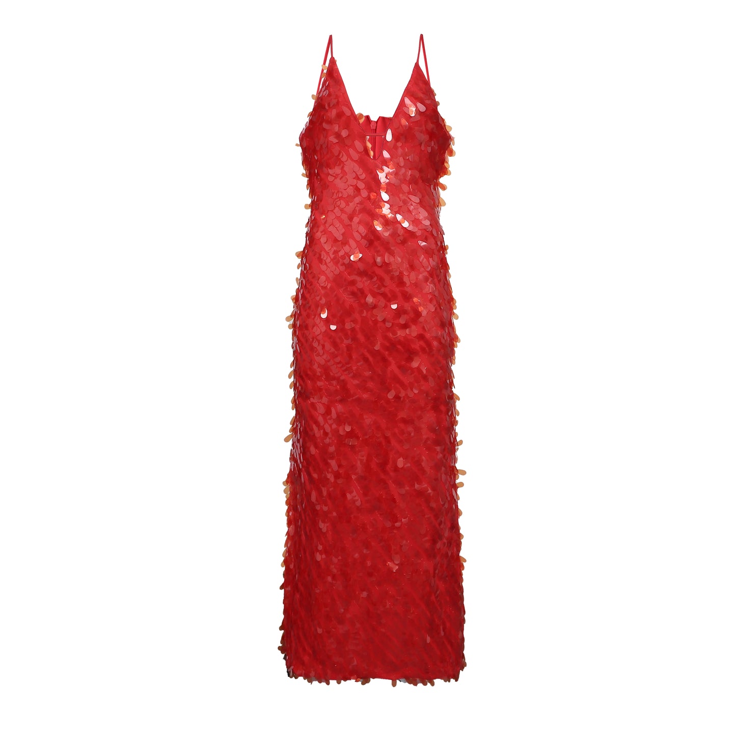 V-neck Red Sequin Maxi Dress with Keyhole