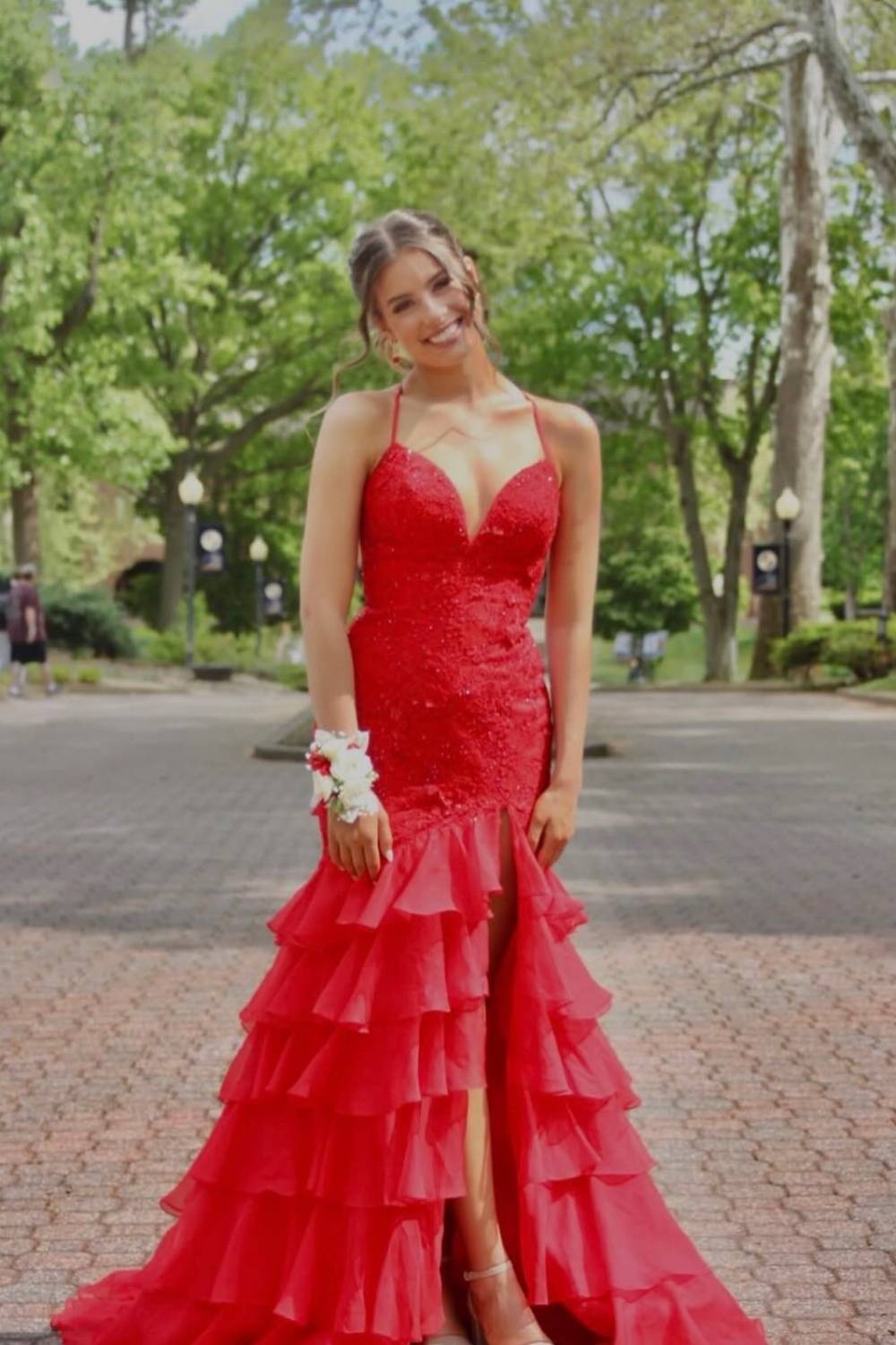 V-neck Royal Blue Appliques Tiered Long Dress