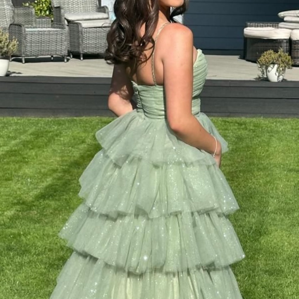
                      
                        V-neck Sage Green Tiered Sparkle Tulle Long Dress
                      
                    