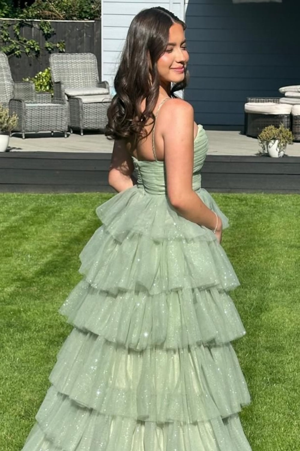 V-neck Sage Green Tiered Sparkle Tulle Long Dress