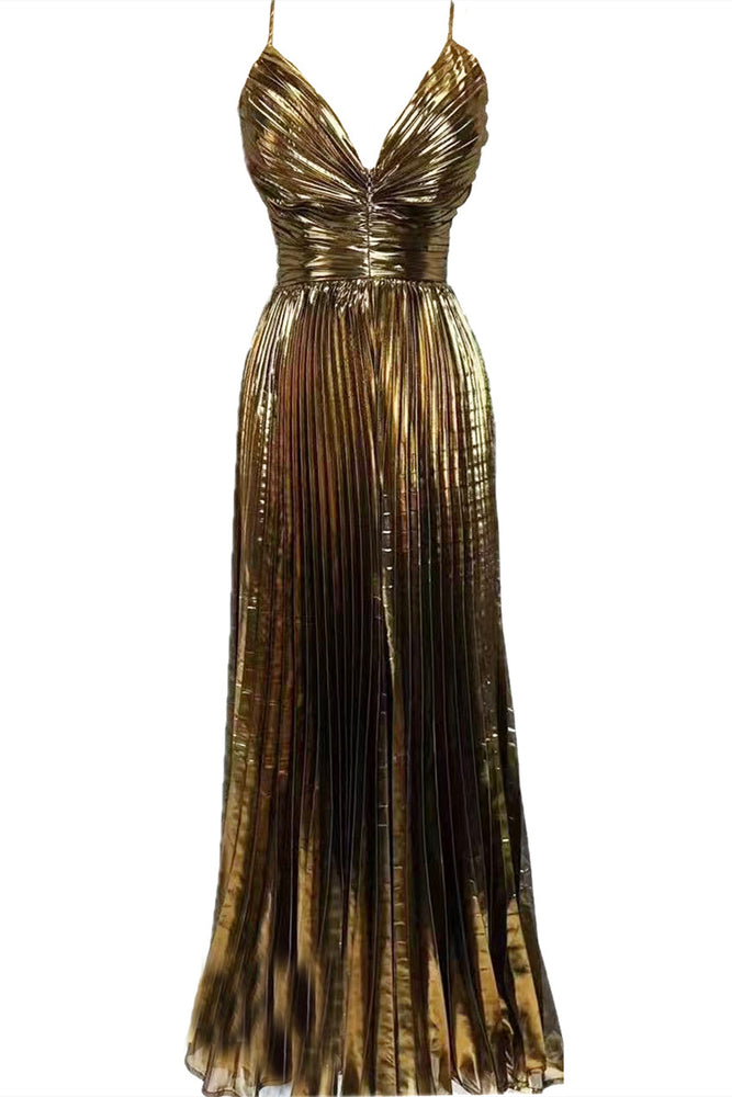 
                      
                        V-neck Silver Pleated A-line Long Dress
                      
                    